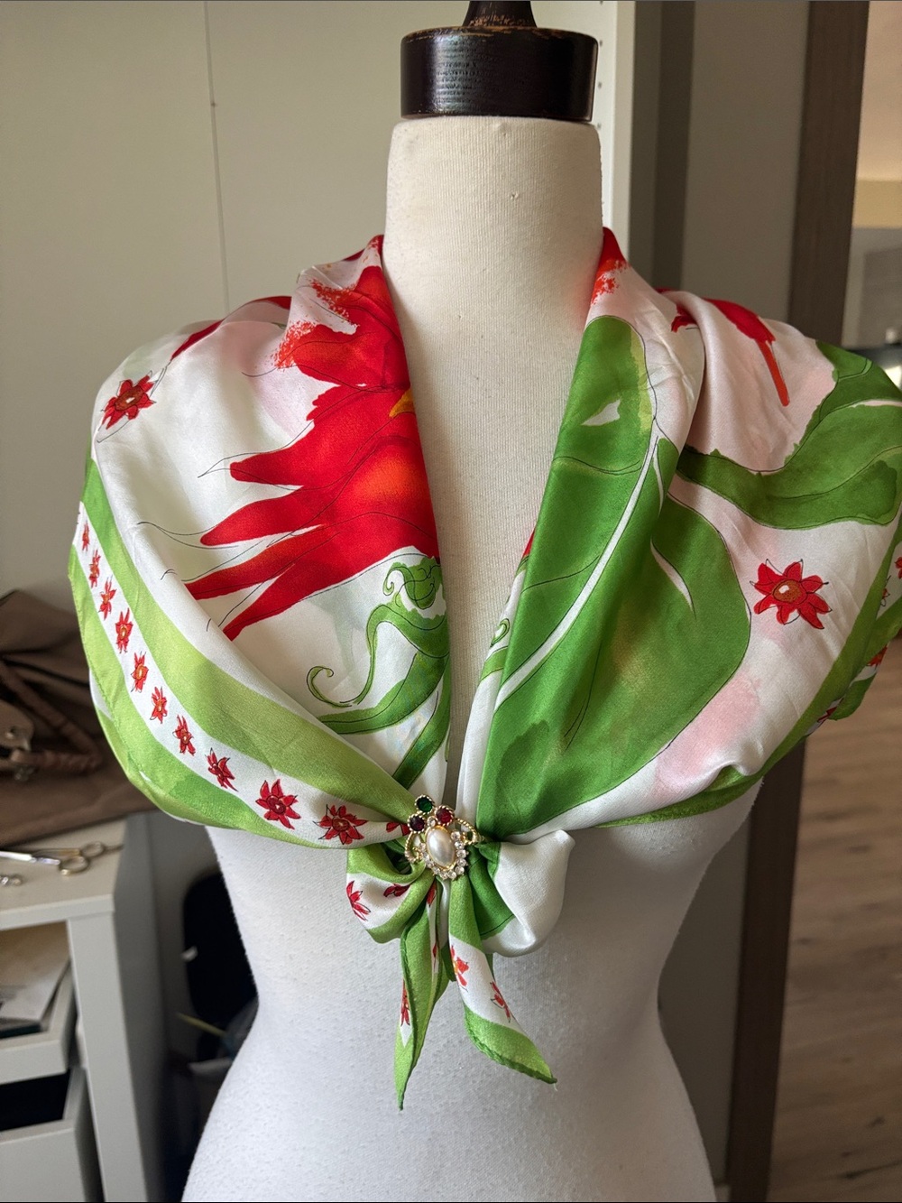 Floral Stripe Silk Scarf in Green, Red & White with Decorative Brooch